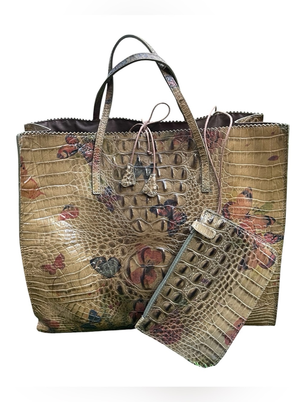 🦋 VINTAGE SUAREZ NY Butterfly Croc Embossed Leather Tote Bag + Matching Pouch 🇮🇹